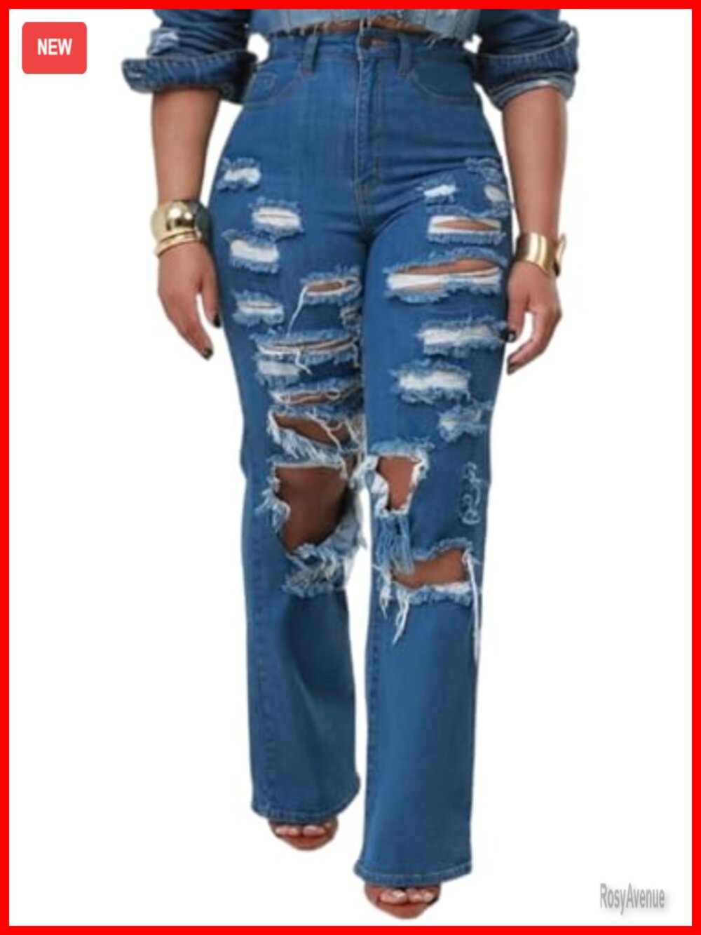 Women's High Waisted Wide Leg Distressed Denim Jeans Frayed Ripped